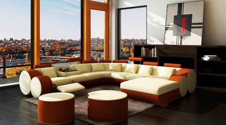 Canapé en cuir de designer avec USB XXL Paysage de vie grand canapé Coin rembourré Canapé d'angle Détente