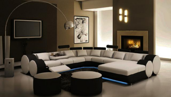 Canapé en cuir de designer avec USB XXL Paysage de vie grand canapé Coin rembourré Canapé d'angle Détente