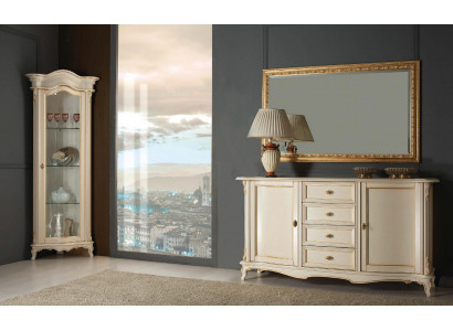 Salle de séjour Vitrine Armoire Commode Italie Miroir Classique ensemble 3 pièces Blanc neuf