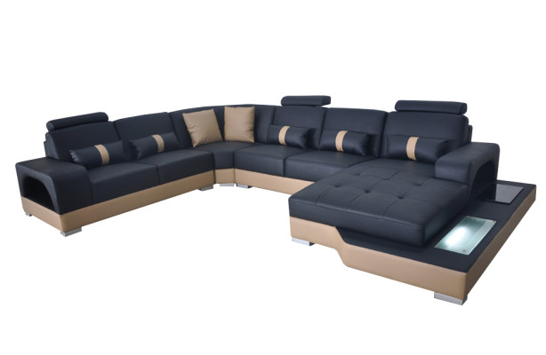 Canapé d'angle en cuir Ensemble de paysage vivant Design Moderne avec prises USB et LED nouveau