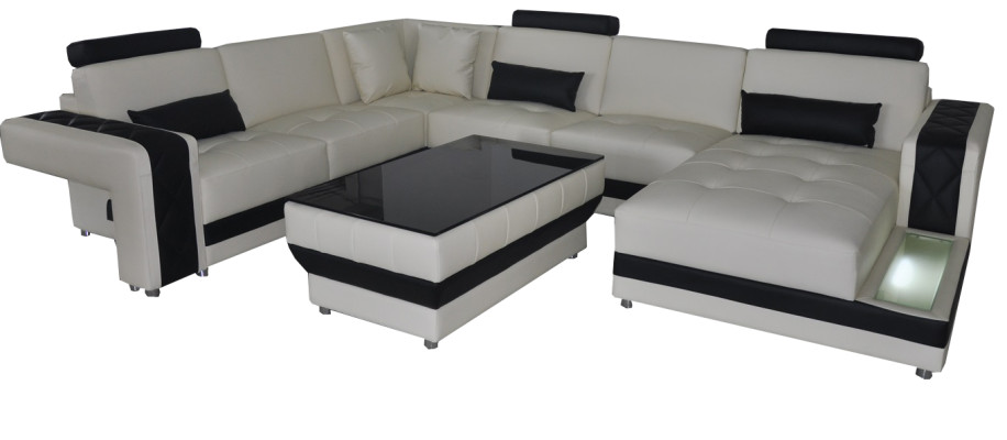 Canapé d'angle en cuir design moderne avec éclairage LED et ports USB