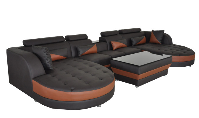 Canapé d'angle en cuir moderne Canapé d'angle rembourré Salon Canapé d'angle en U Paysage vivant USB