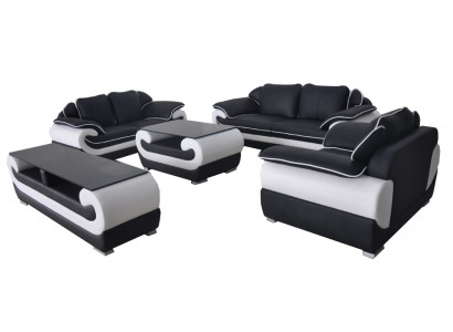 Canapé en cuir XXL moderne, canapé à vivre paysage en cuir Suite canapé 3+2+1 D04 + table