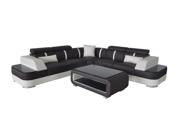 Canapé d'angle en cuir avec USB + Ensemble de canapés d'angle L-shape en cuir avec table, paysage de vie