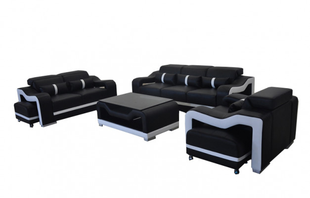 Canapé en cuir + USB, canapé en tissu Ensemble 3 + 2 + 1 place Ensemble complet Ensemble + Table