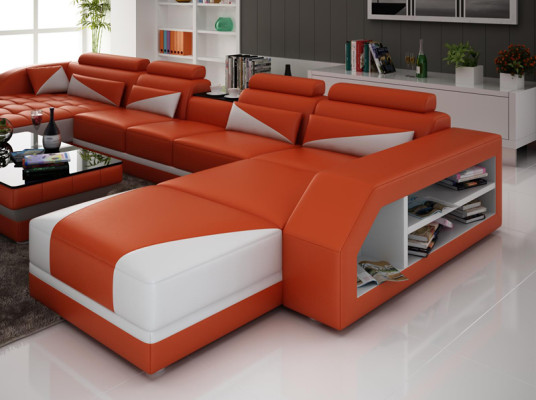 Canapé en cuir Canapé d'angle Salon Paysage vivant Suite Canapé Design Moderne USB Orange