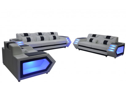 Canapé canapé Siège Rembourrage Complet Ensemble Groupe Cuir 3+2+1 + LED + USB nouveau