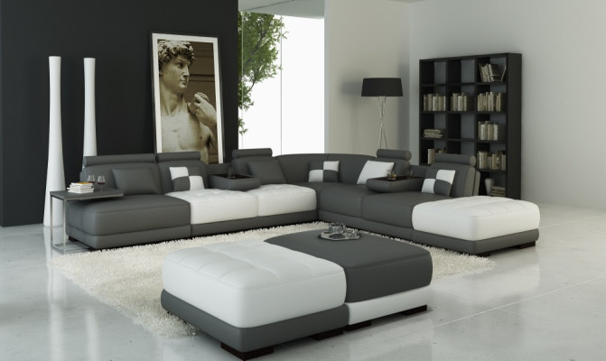 Canapé en cuir Canapé Paysage de vie Canapé d'angle Suite d'angle Design Canapé moderne neuf A1147