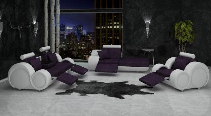 Sofa Suite Cuir & Tissu + USB, Ensemble de canapé 3 + Chaise + 1 Paysage vivant