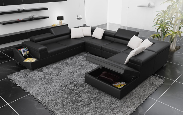 Suite d'angle Canapé en cuir Salon Paysage de vie Ensemble de coins rembourrés +USB