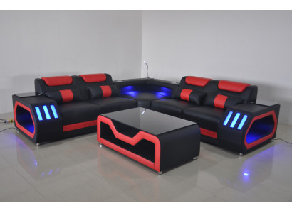 Salle de séjour Canapé d'angle en L Textile Cuir Bois Design moderne Rembourrage Canapé neuf