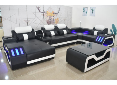 Canapé en cuir Canapé + Table basse Rembourrage Cuir Design Canapé d'angle Canapé Paysage vivant