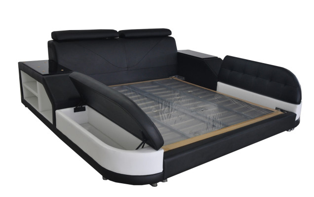 Conception Bed XXL Grand Lit En Cuir Hôtel Rembourrage 180x200 Étagère Multifonction USB Lits