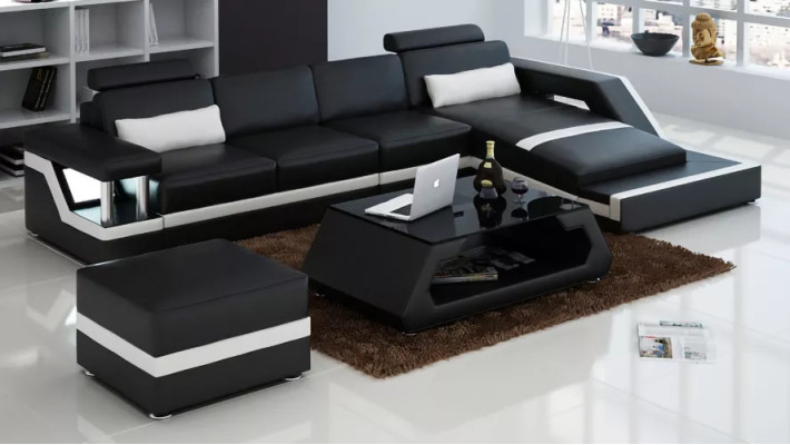 Canapé en cuir Canapé d'angle en forme de L Table basse Tabouret Paysage vivant Canapé moderne 3 pièces nouveau