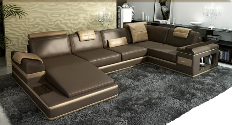 Canapé d'angle Canapé Canapé en cuir Suite de revêtement en cuir Paysage de vie d'ensemble d'angle Beige