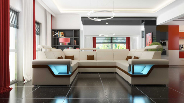 Canapé en cuir avec USB grand canapé d'angle XXL Canapé coin salon Canapé Rembourrage Siège LED