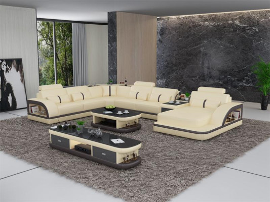Set de canapé + Canapé design de luxe avec port USB, tissu de siège en cuir 3+2+1 beige NEUF
