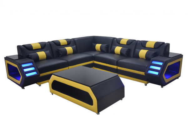 Designer Sofa d'angle rembourré en cuir dans un paysage de pièce rembourrée