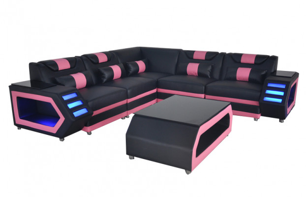 Designer Sofa d'angle rembourré en cuir dans un paysage de pièce rembourrée