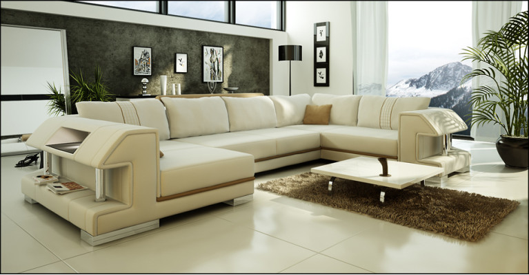 Canapé d'angle Canapé Sofa Rembourrage Designer Cuir XXL Forme en U Canapé en cuir Paysage vivant