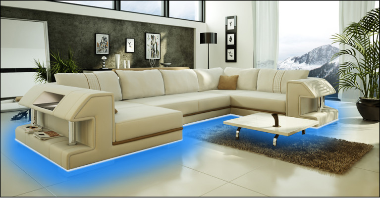 Canapé d'angle Canapé Sofa Rembourrage Designer Cuir XXL Forme en U Canapé en cuir Paysage vivant