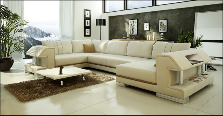 Canapé d'angle Canapé Sofa Rembourrage Designer Cuir XXL Forme en U Canapé en cuir Paysage vivant