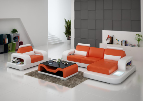 Canapé d'angle en cuir Living Landscape avec fauteuil assorti, design moderne, avec port USB