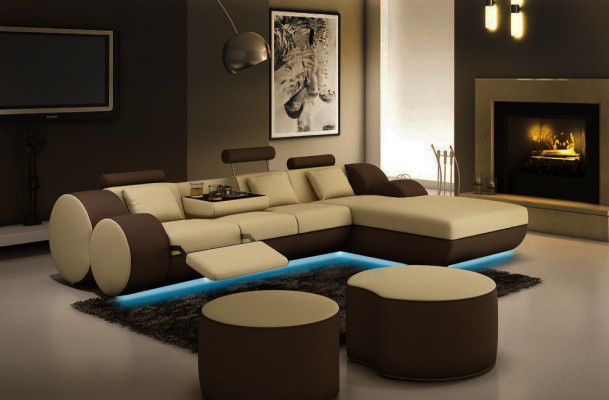 Canapé d'angle en cuir de designer Salon de style de vie Canapé en cuir + Suite USB Canapé d'angle Madrid