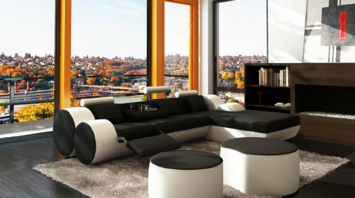 Canapé d'angle en cuir de designer Salon de style de vie Canapé en cuir + Suite USB Canapé d'angle Madrid