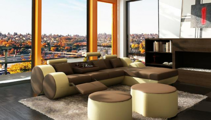 Canapé d'angle en cuir de designer Salon de style de vie Canapé en cuir + Suite USB Canapé d'angle Madrid