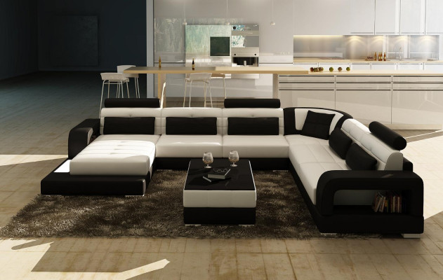 Canapé d'angle XXL Big Living avec prise USB, revêtement en cuir, ensemble de canapés lumineux