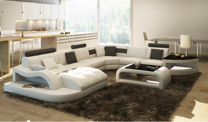 Sofa en cuir XXL Big Multifonction avec USB, canapé d'angle Eck Living Landscape, garniture de canapé.