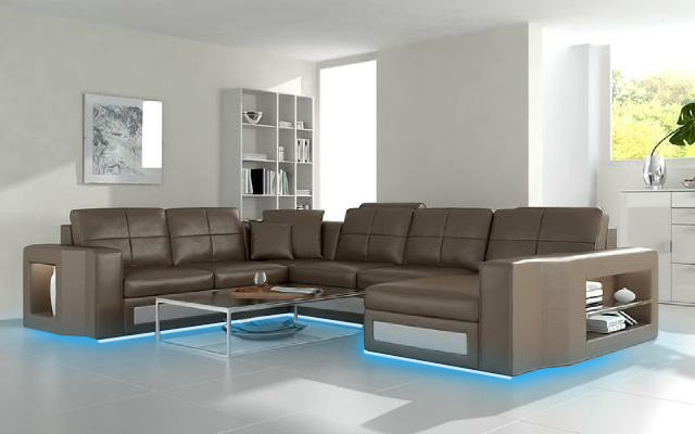Design Living landscape Canapé en cuir Canapé d'angle Canapé d'angle Rembourrage Canapé d'angle USB + LED