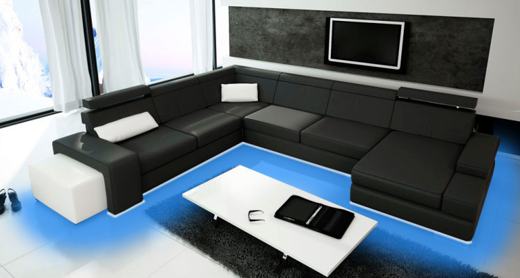 Canapé en forme de U avec USB Canapé Rembourrage Salon paysage Cuir Coin suite XXL nouveau.