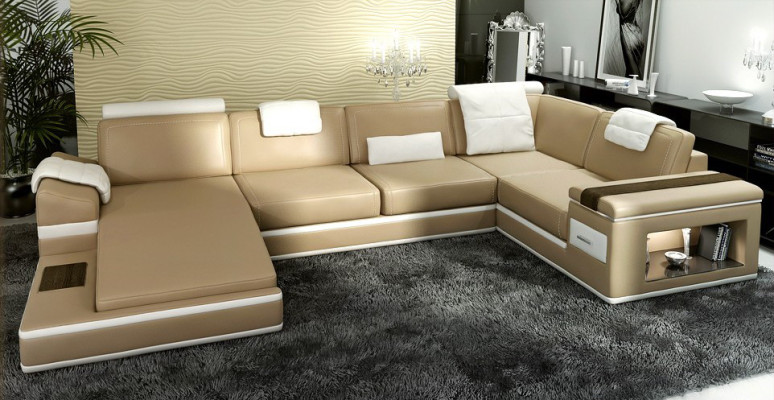 Canapé d'angle Canapé USB + LED Paysage de vie en forme de U Canapé rembourré Canapé en cuir Tissu en cuir
