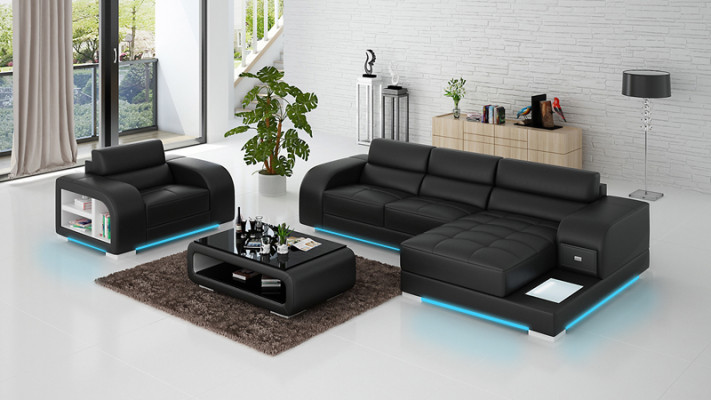 Canapé en cuir avec USB Canapé Salon en forme de paysage Canapé d'angle + Fauteuil Ensemble de Salon Design Canapé neuf