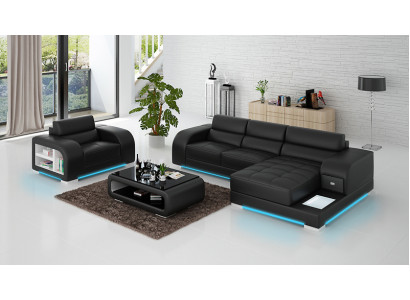 Canapé en cuir avec USB Canapé Salon en forme de paysage Canapé d'angle + Fauteuil Ensemble de Salon Design Canapé neuf