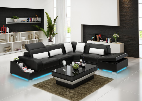 Canapé en cuir avec USB, Canapé d'angle de vie, Ensemble d'angle, Design, Canapé moderne G8008D