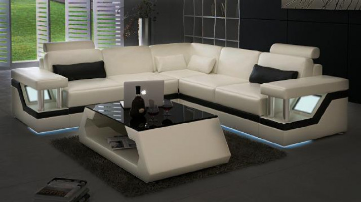 CANAPÉ EN CUIR XXL Suite Salon Paysage Canapé D'angle Canapé En Cuir Noir / Blanc