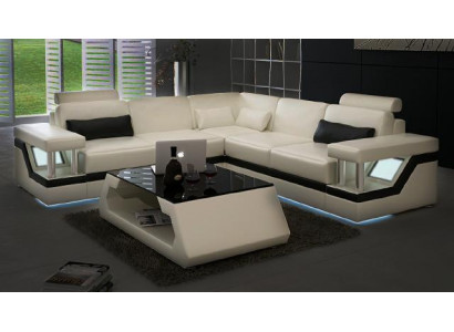 CANAPÉ EN CUIR XXL Suite Salon Paysage Canapé D'angle Canapé En Cuir Noir / Blanc