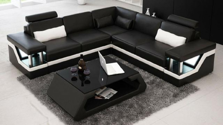 CANAPÉ EN CUIR XXL Suite Salon Paysage Canapé D'angle Canapé En Cuir Noir / Blanc