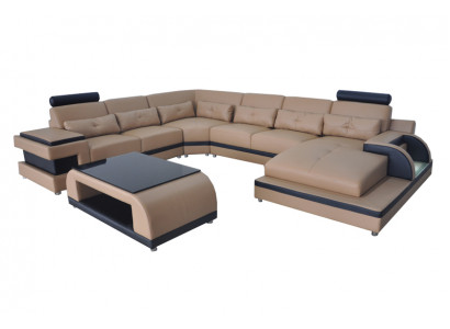 Luxueux canapé d'angle en cuir pour siège rembourré avec port USB, canapé paysage de meubles de salon.