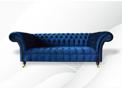 Chesterfield Canapé Design 3 Places Bleu Tissu en Velours Textile Luxe