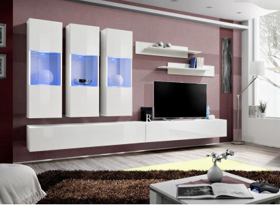 Meuble TV de salon Vitrine suspendue Unité murale en bois Design Blanc Moderne Nouveau Ensemble 7 pièces.