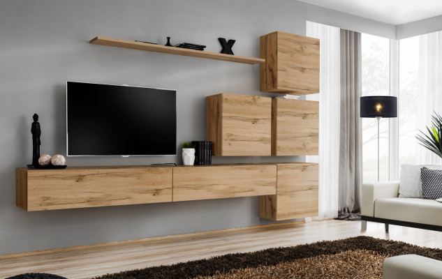Suite Braun Set 7 pièces Meuble TV bas Unité murale complète Étagère murale Design moderne