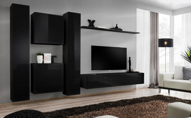 Unité murale noire avec support TV Mobilier de salon de luxe Ensemble complet de 6 pièces Moderne