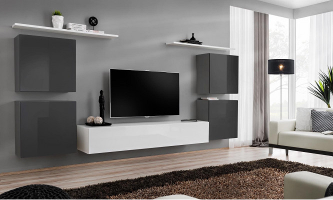 Salle de séjour Ensemble mural blanc Étagère murale Meuble bas TV en bois 2x Vitrine Ensemble mural