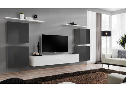 Salle de séjour Ensemble mural blanc Étagère murale Meuble bas TV en bois 2x Vitrine Ensemble mural