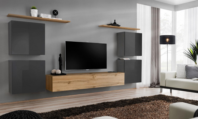 Unité murale de luxe complète Étagère murale design 7 pièces Salon Marron Meuble TV bas