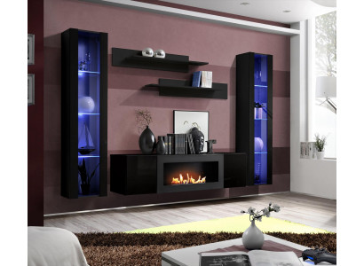 Ensemble complet de 5 pièces - Unité murale de luxe noire en bois avec vitrine suspendue design.